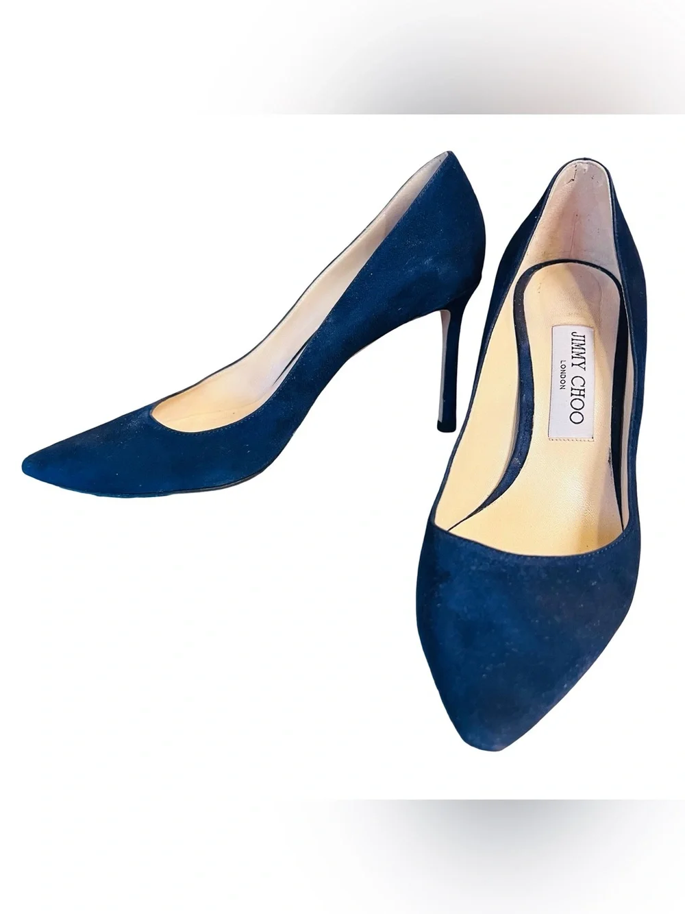 Jimmy Choo Women’s Sz 8.5 Navy Blue Suede Romy 85 Pointed Toe Heels